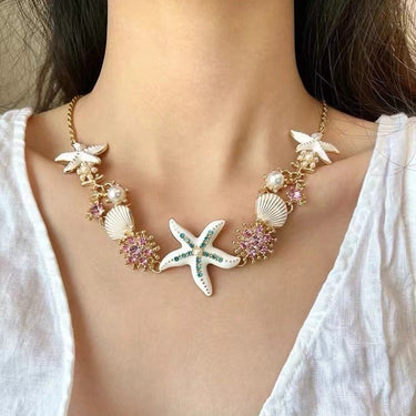 Boho Starfish & Shell Necklace – Coastal Pearl Charm for Summer